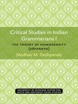 cover image of Critical Studies in Indian Grammarians I